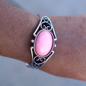 Silver Tone Cuff Bracelet Pink Cabochon Stone Vintage Style Open Bangle